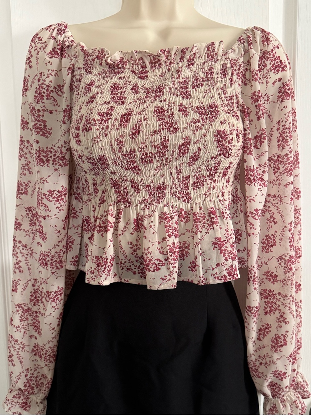Smocked Peasant Tunic Top - Cream with Berry Print